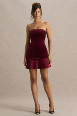 Valentina | Burgundy Velvet Bandeau Mini Dress With Pleated Detailing