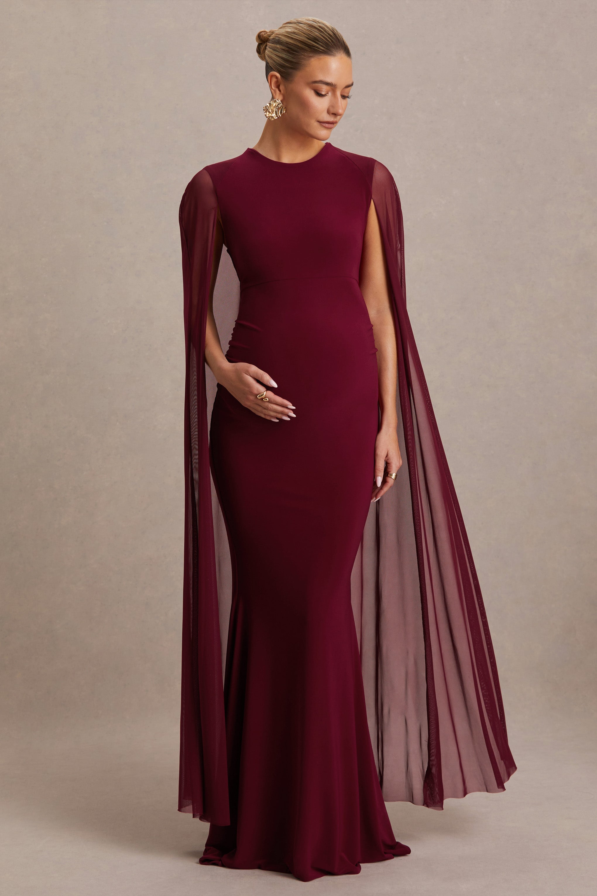 Currant | Berry High-Neck Maternity Maxi Dress With Cape