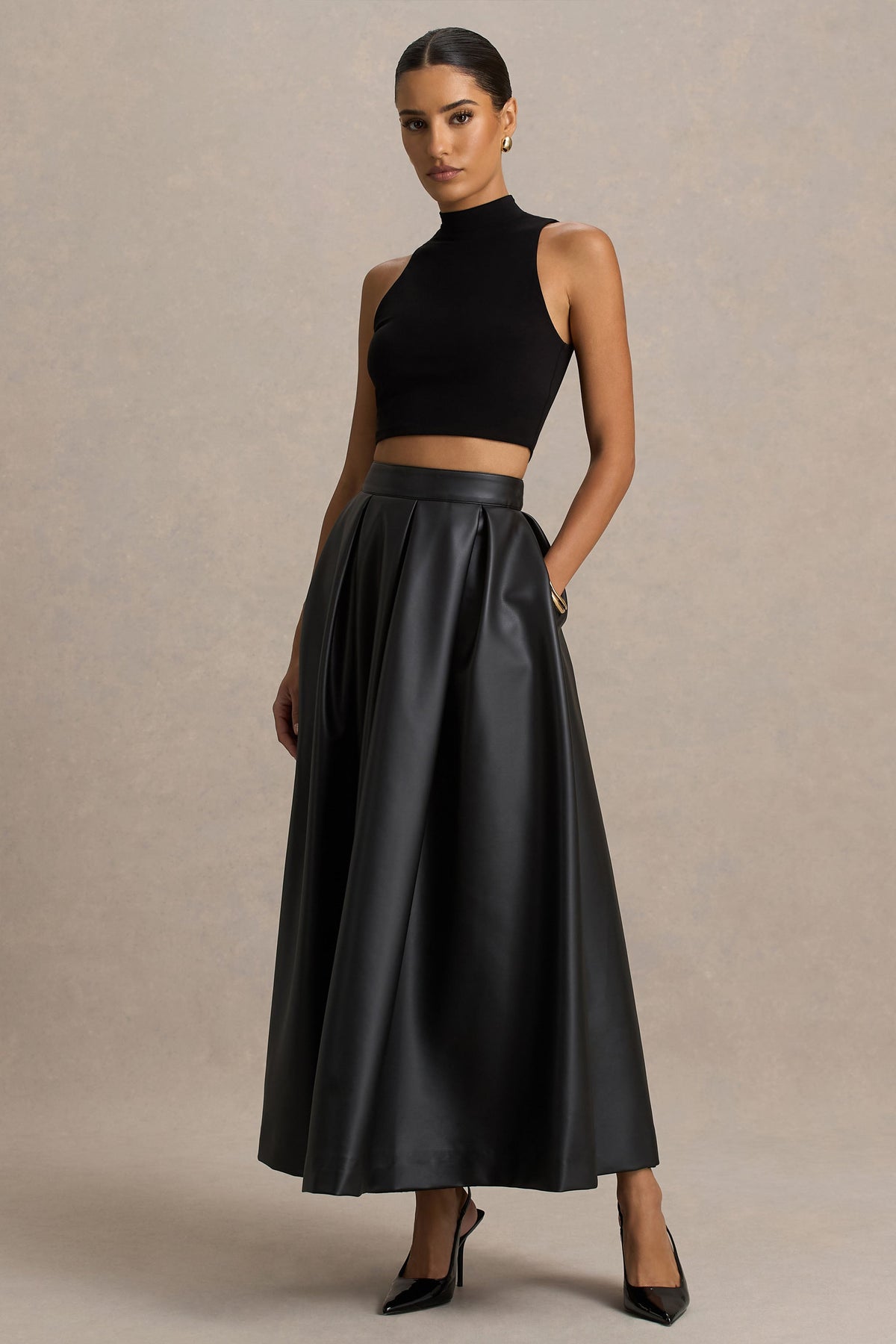 Noa | Black Faux Leather A-Line Midi Skirt
