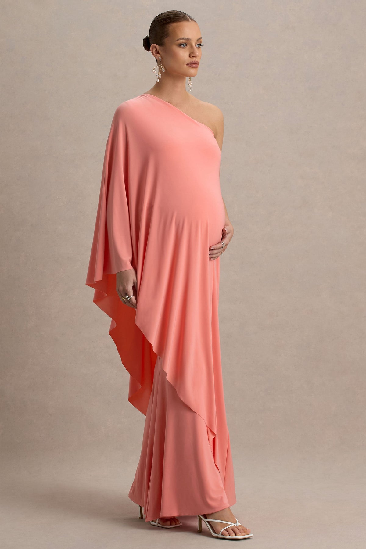 Waves | Coral Asymmetric Maternity Maxi Dress With One-Sleeve Cape