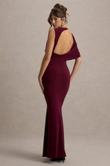 Rae | Burgundy Maxi Dress With One-Sleeve Cape