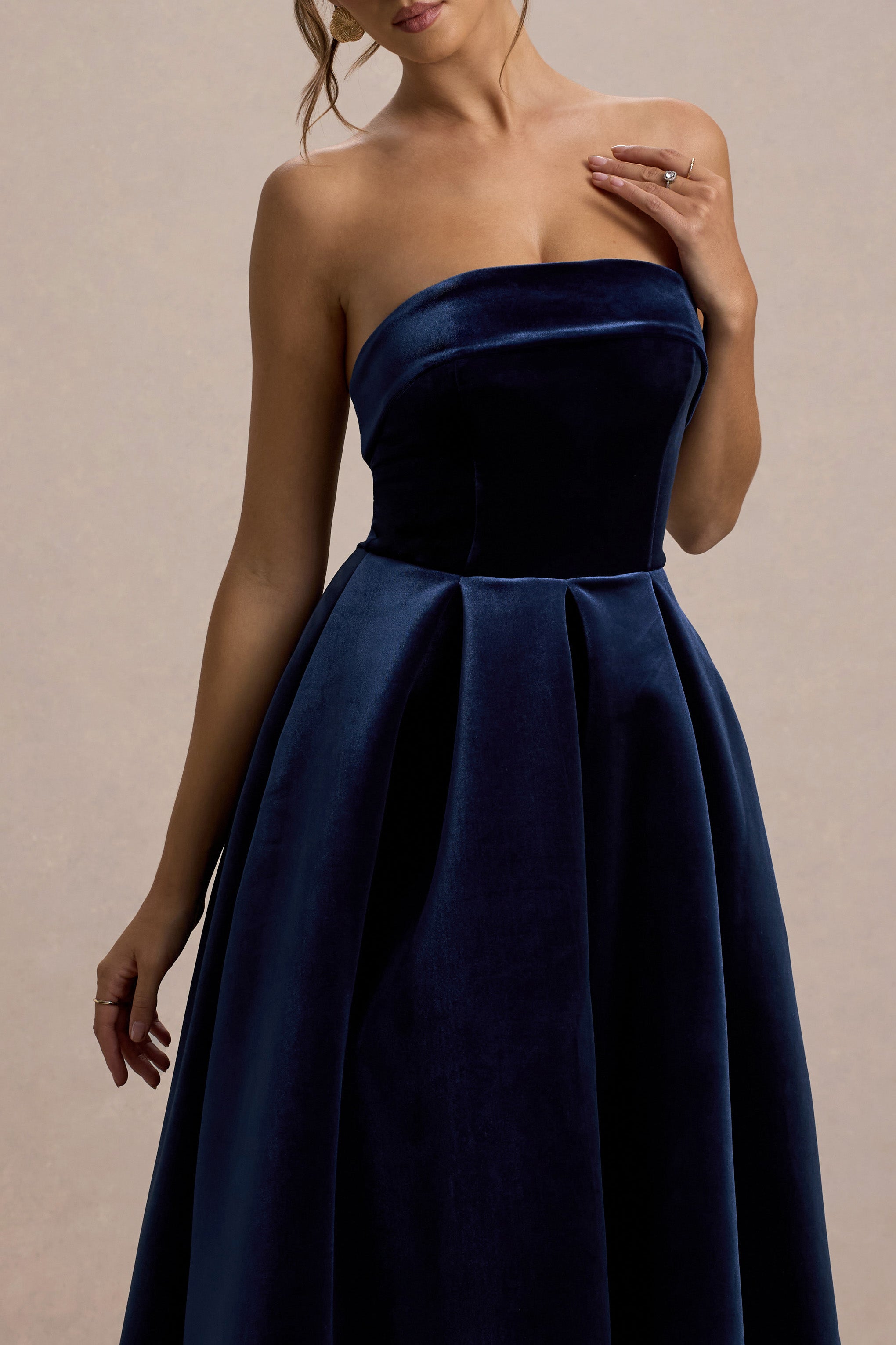 Addina | Navy Velvet Bandeau Skater Midi Dress