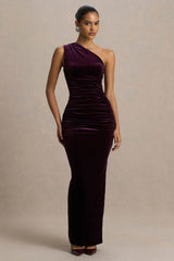 Treat | Burgundy Velvet Asymmetric-Neck Maxi Dress With Ruched Detailing.