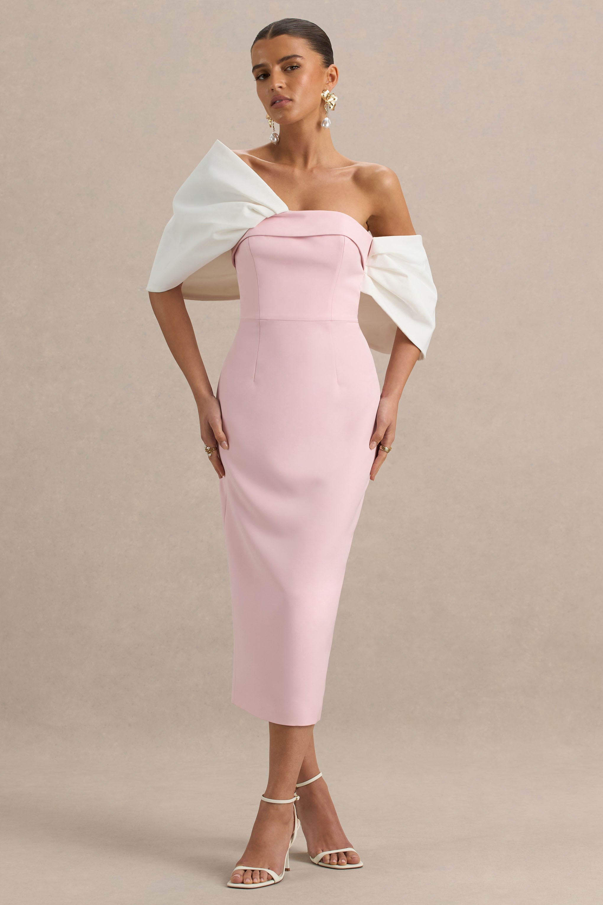 Lucille | Rose & Pink Asymmetric Bardot Midi Dress With Bow Detail