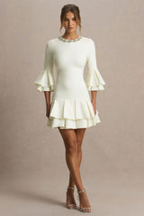 Mirna | Burgundy Crew-Neck Mini Dress With Bell Sleeves And Ruffled Detailing