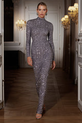 Galaxy | Silver Sequin Turtle-Neck Long-Sleeve Maxi Dress