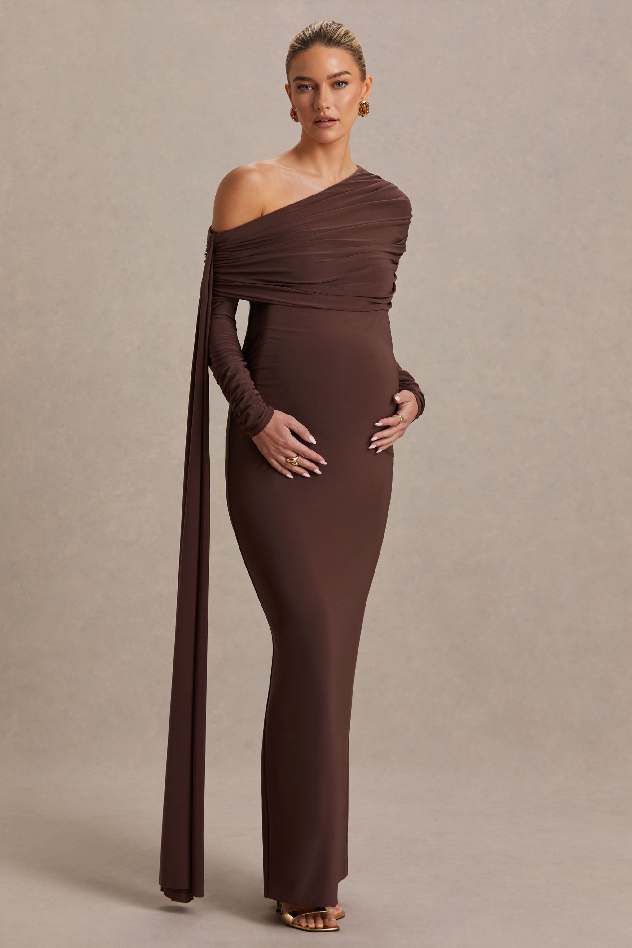 Cyra | Brown Bardot-Neck Maternity Maxi Dress With Sash
