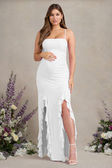 Susan | White Maternity Bandeau Ruffle Maxi Dress With Thigh Splits