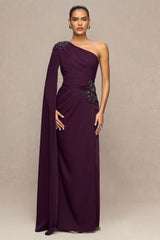 Solace | Dark Plum Asymmetric-Neck Maxi Dress With Front-High Split