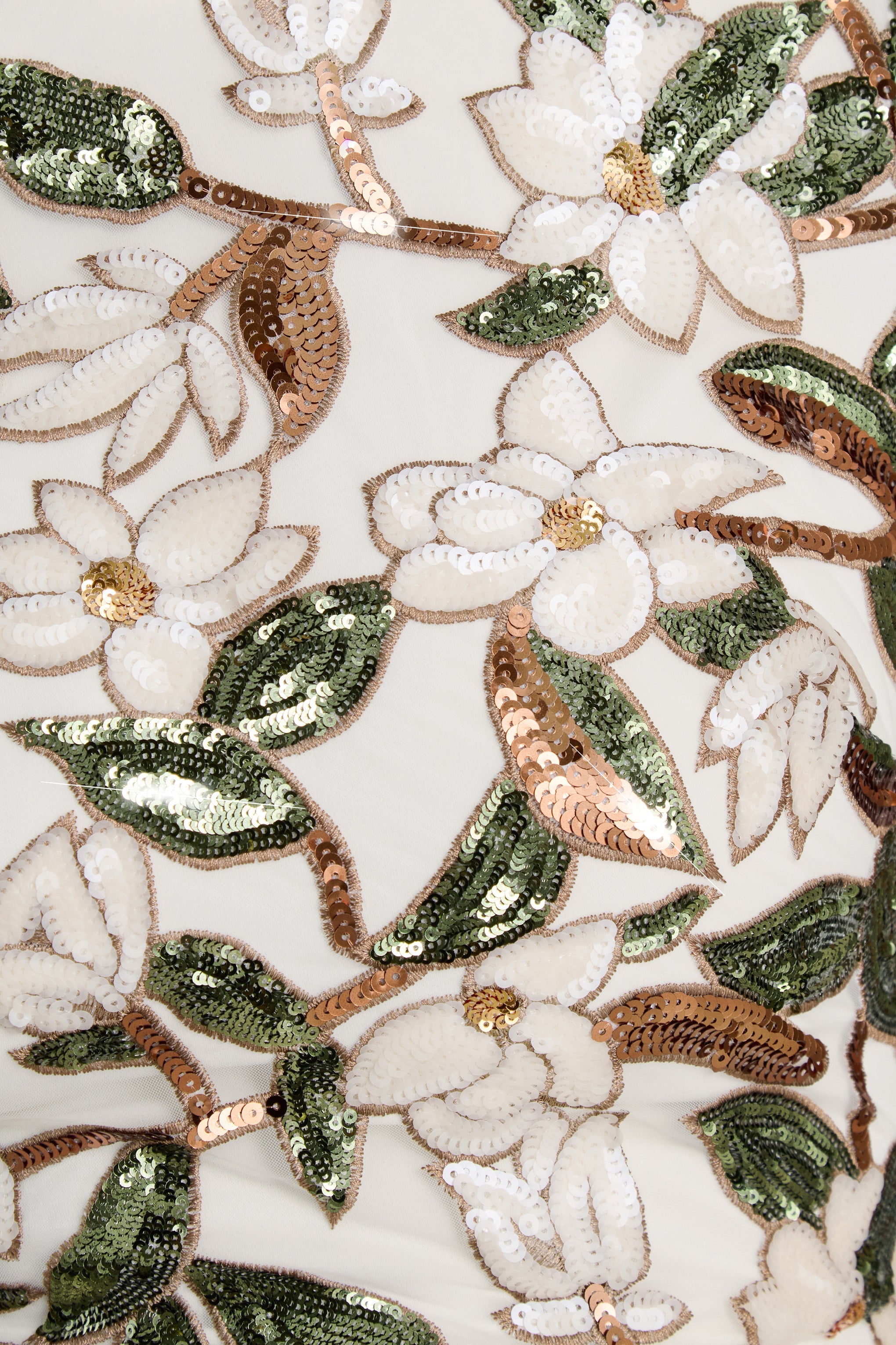 Ophelia | White And Green Embellished Sequin Floral And Mesh Mini Dress With Short Sleeves