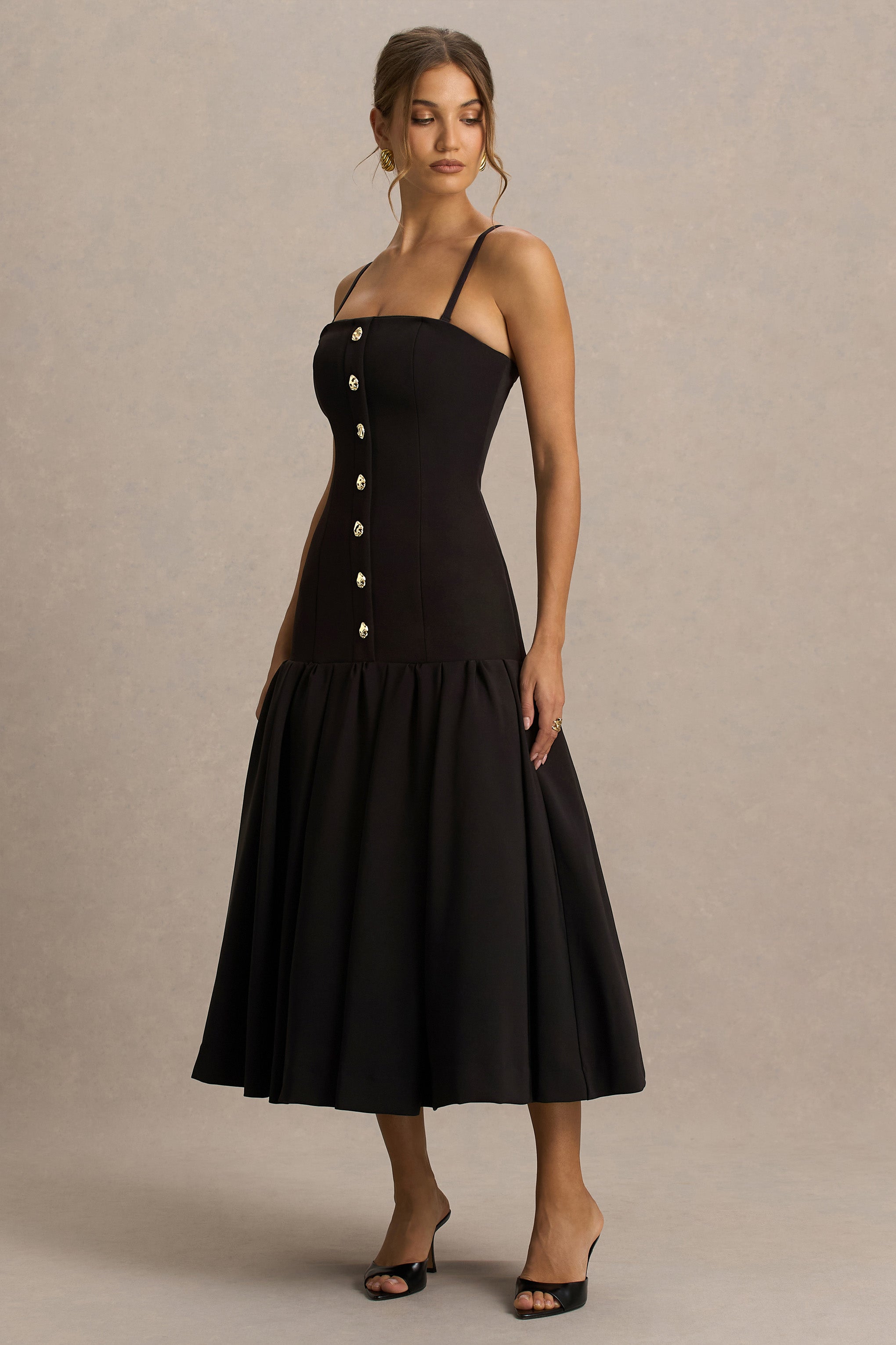 Briella | Black Bandeau Midi Dress With Gold-Button Detailing