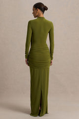 Melissa | Olive Long-Sleeve Wrap Maxi Dress With Draped Detailing