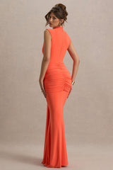 Graziana | Coral High-Neck Gathered Draped Maxi Dress