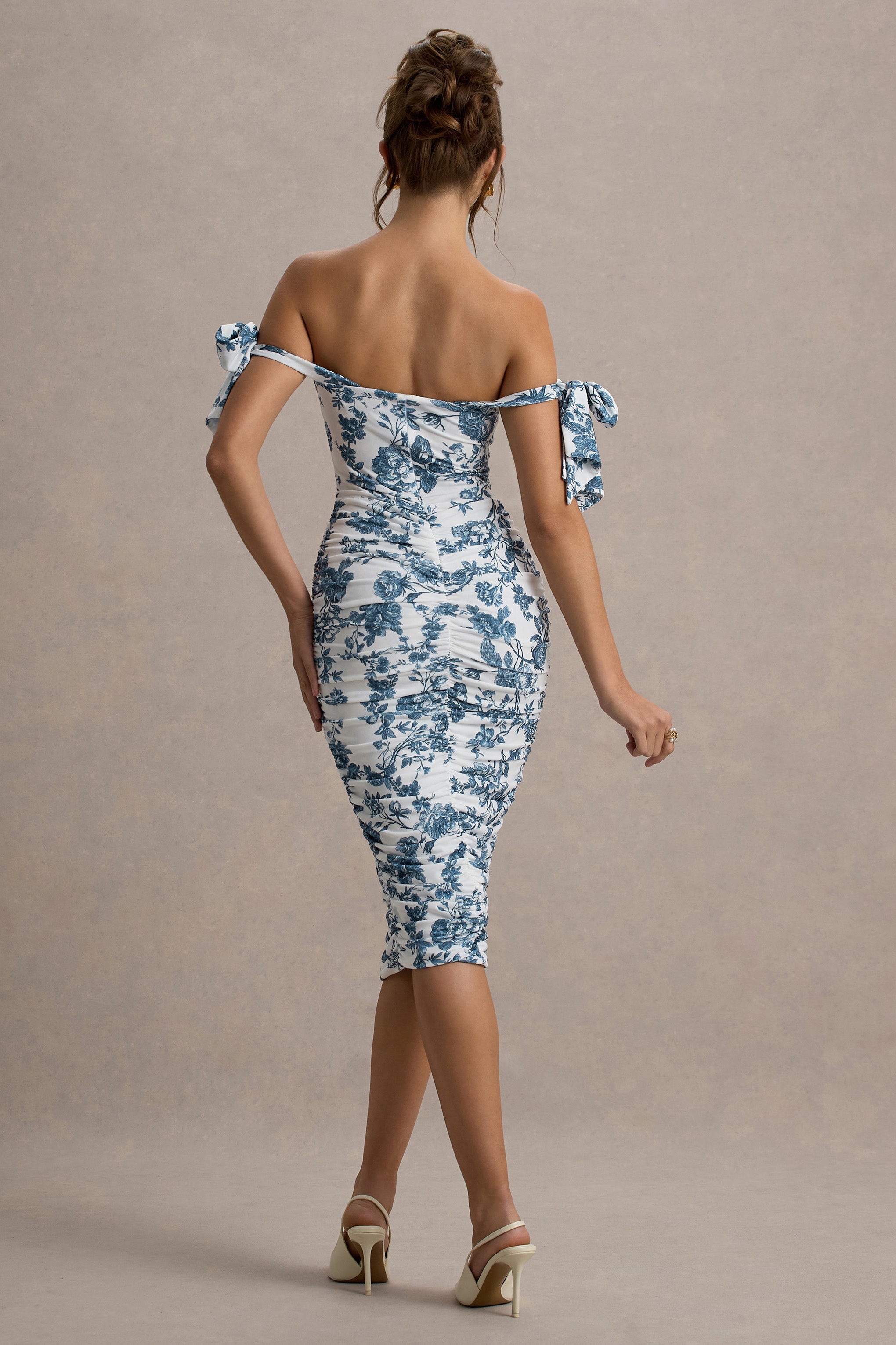 Citrus | Blue Porcelain Print Bardot Bodycon Midi Dress With Bow Sleeves