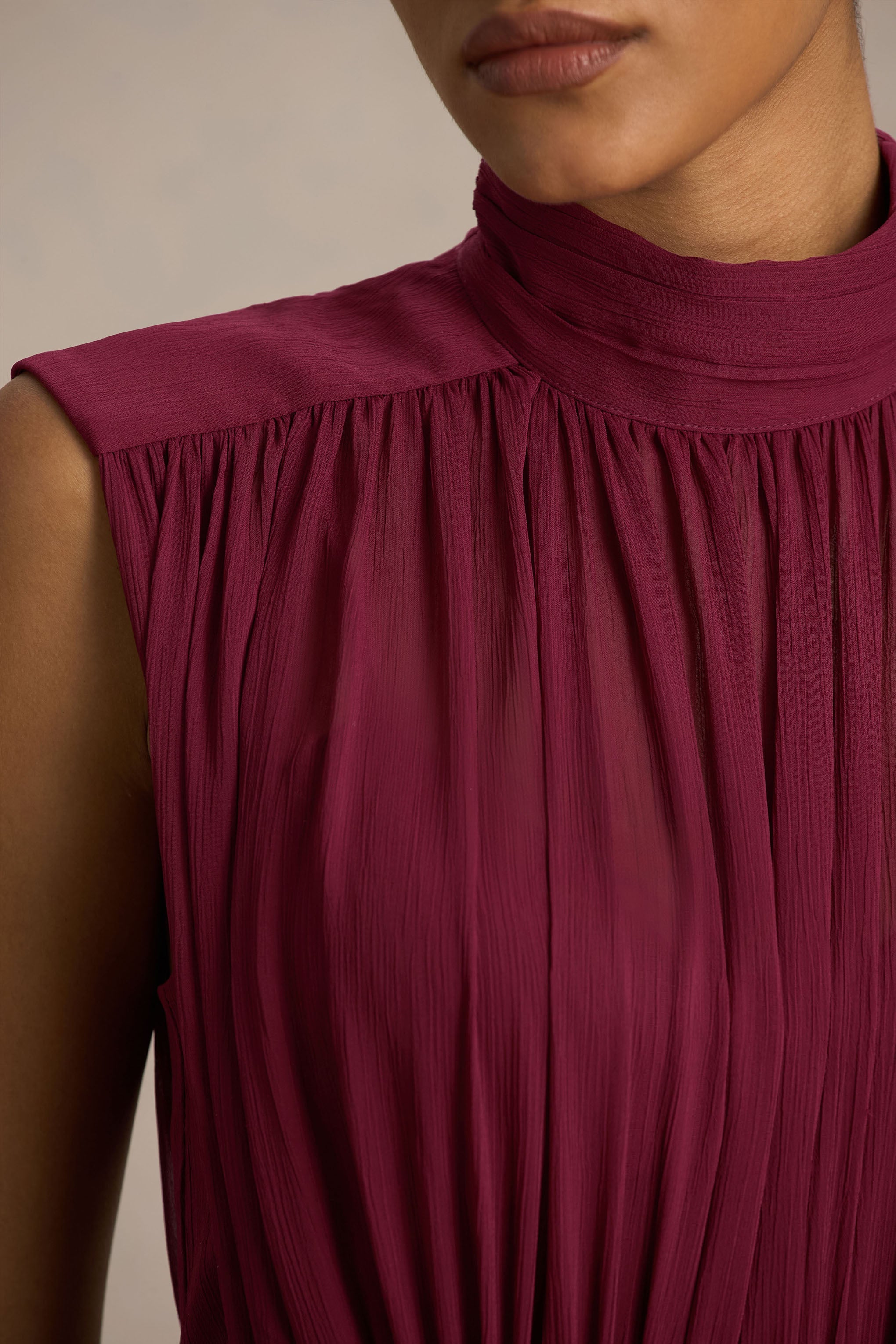 Melanina | Burgundy High-Neck Maxi Dress With Ruched Detailing