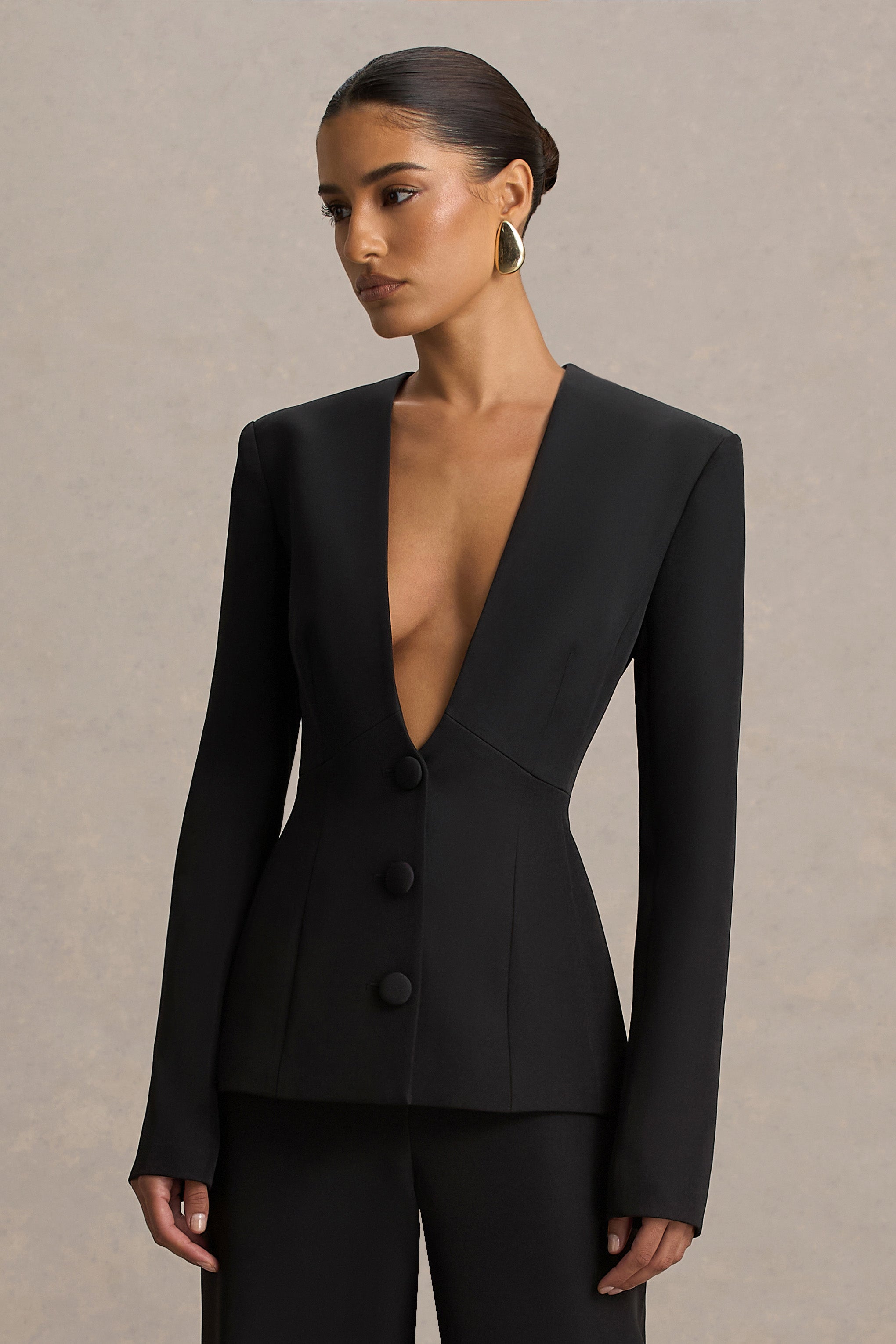 Rosalina | Black Extreme-Plunge Neck Tailored Blazer