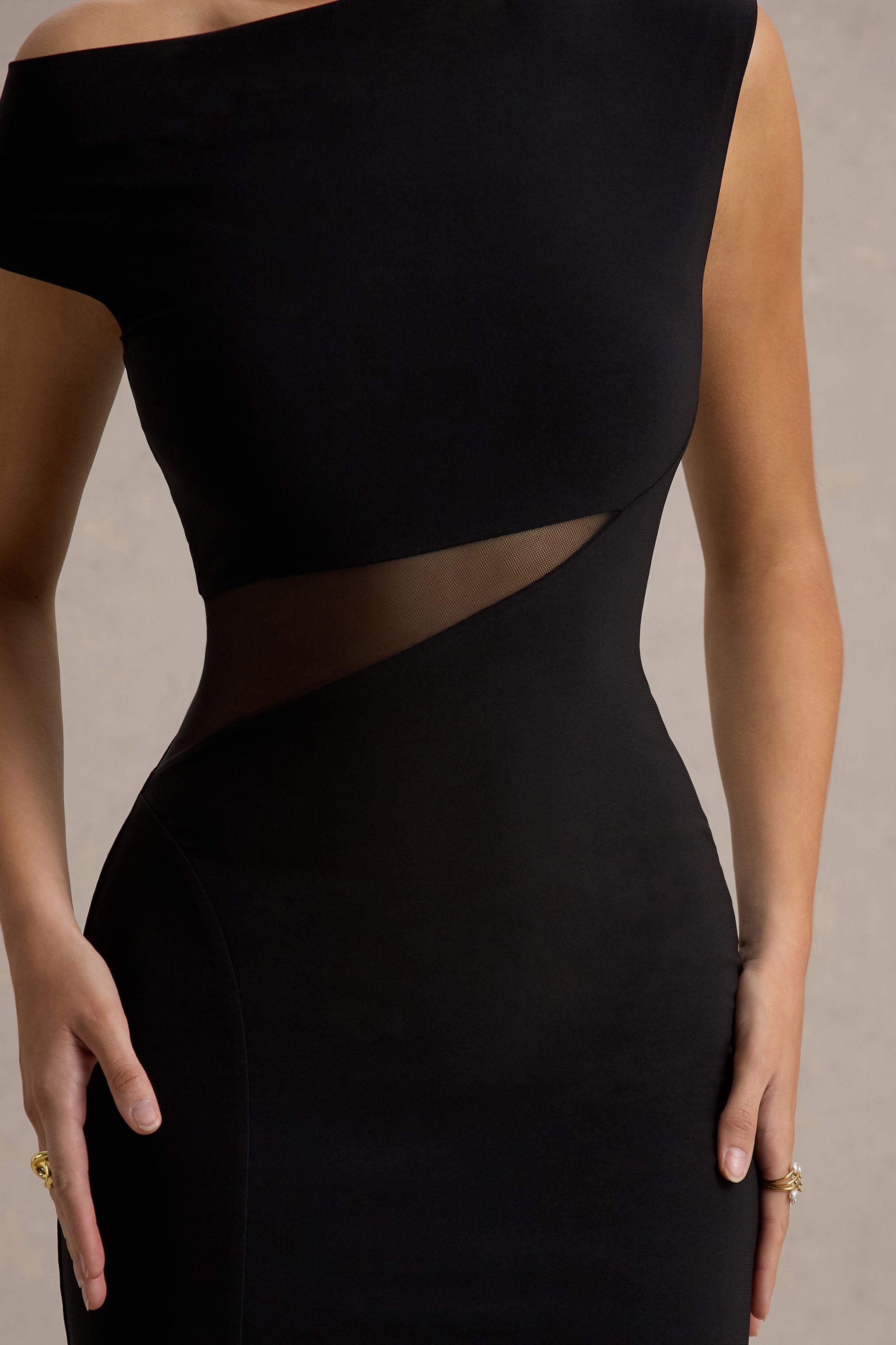 Emily | Black Asymmetric Split Maxi Dress With Mesh Detailing