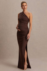 Darcie | Brown Asymmetric-Neck Maternity Maxi Dress