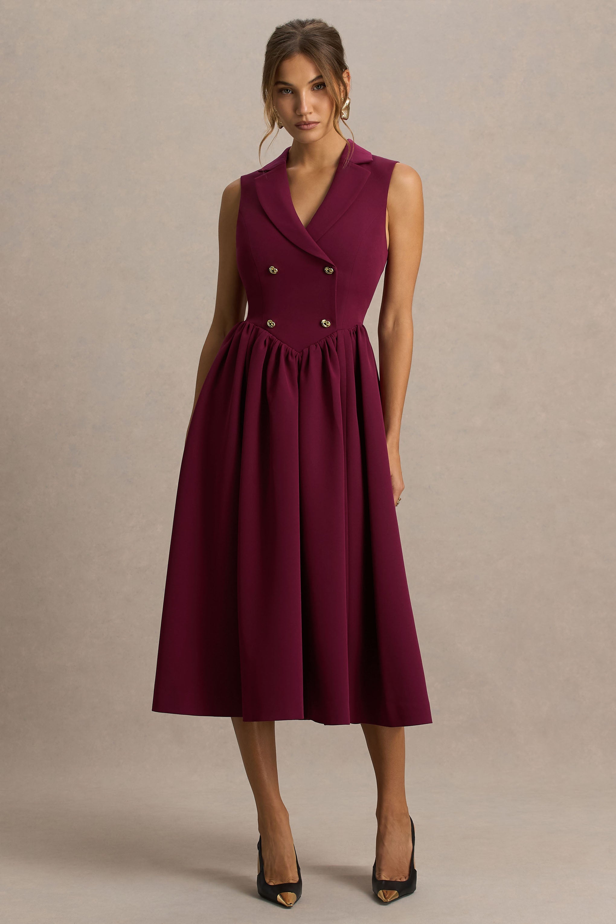 Lisa | Burgundy Plunge-Neck Tailored Midi Dress With Button-Detailing