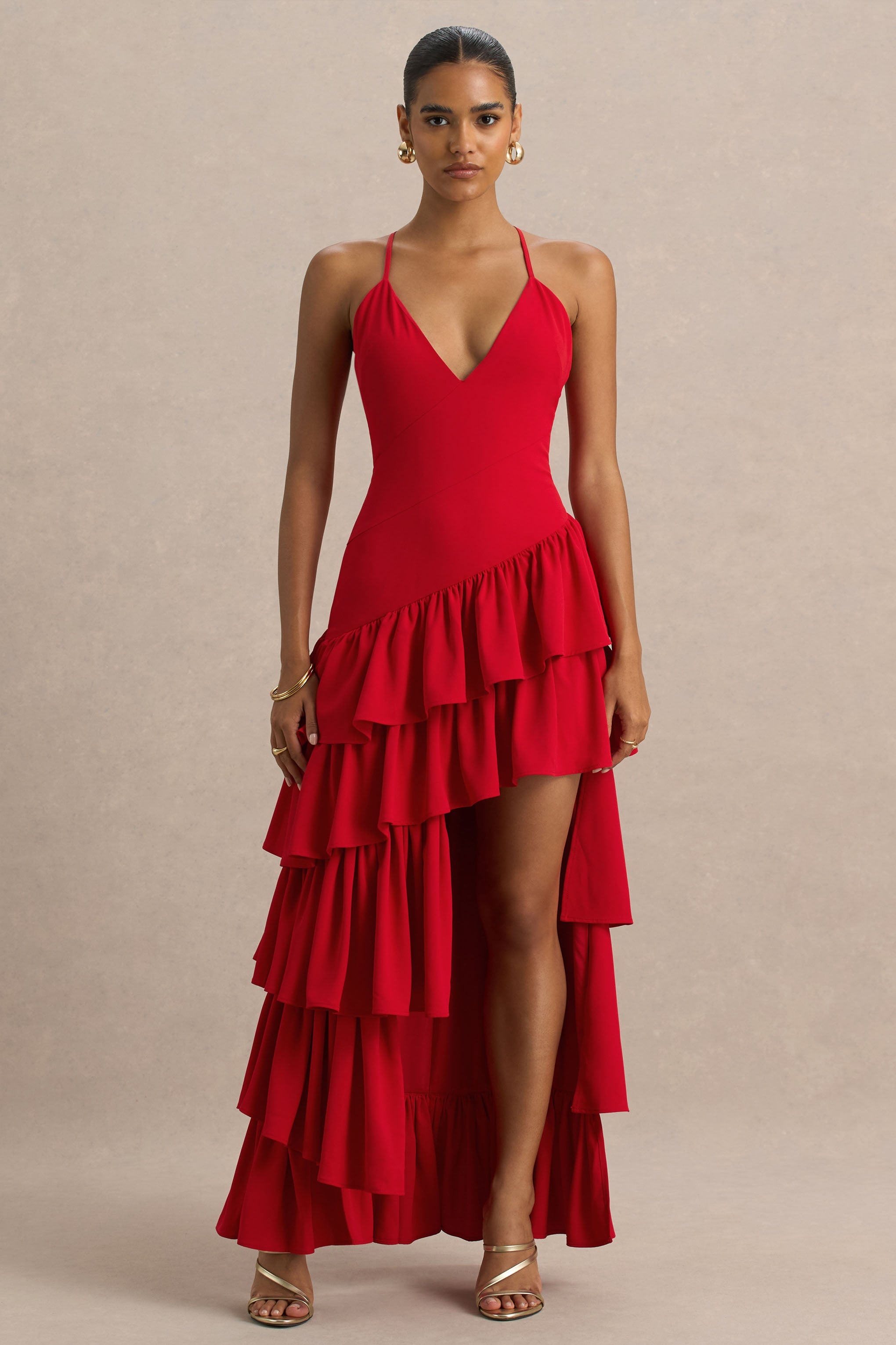Bogota | Red Plunge-Neck Maxi Dress With Ruffling Details And Front High Split