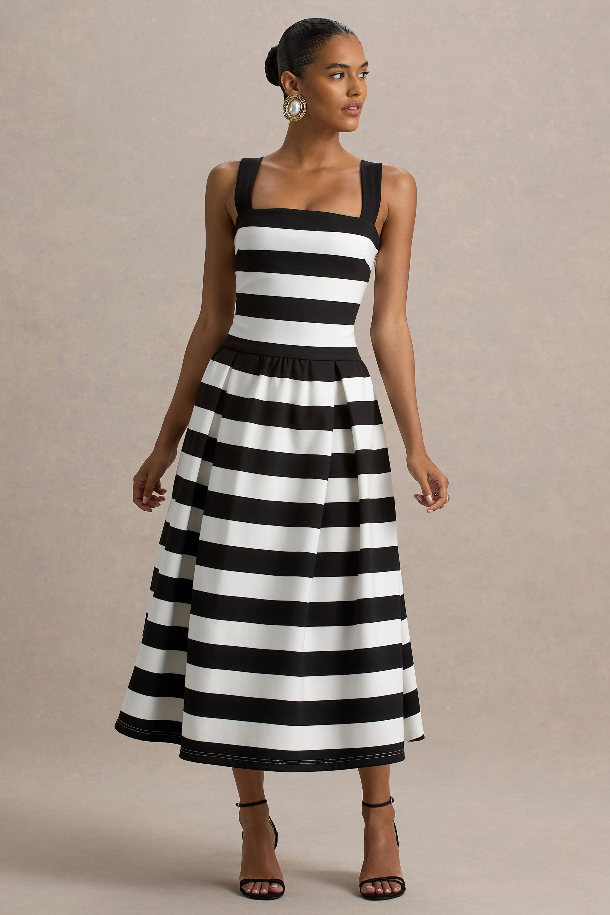 Monte Carlo | Black & White Striped Square-Neck Drop-Waist Midi Dress