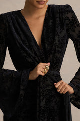 Vicenta | Black Velvet Devore Plunge-Neck Wrap Mini Dress