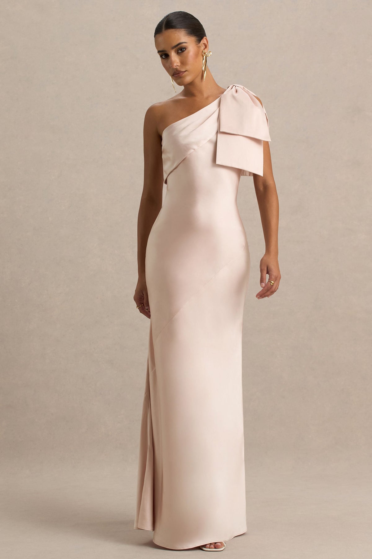 Valerie | Light Pink Satin Asymmetric-Neck Maxi Dress With Bow Detail