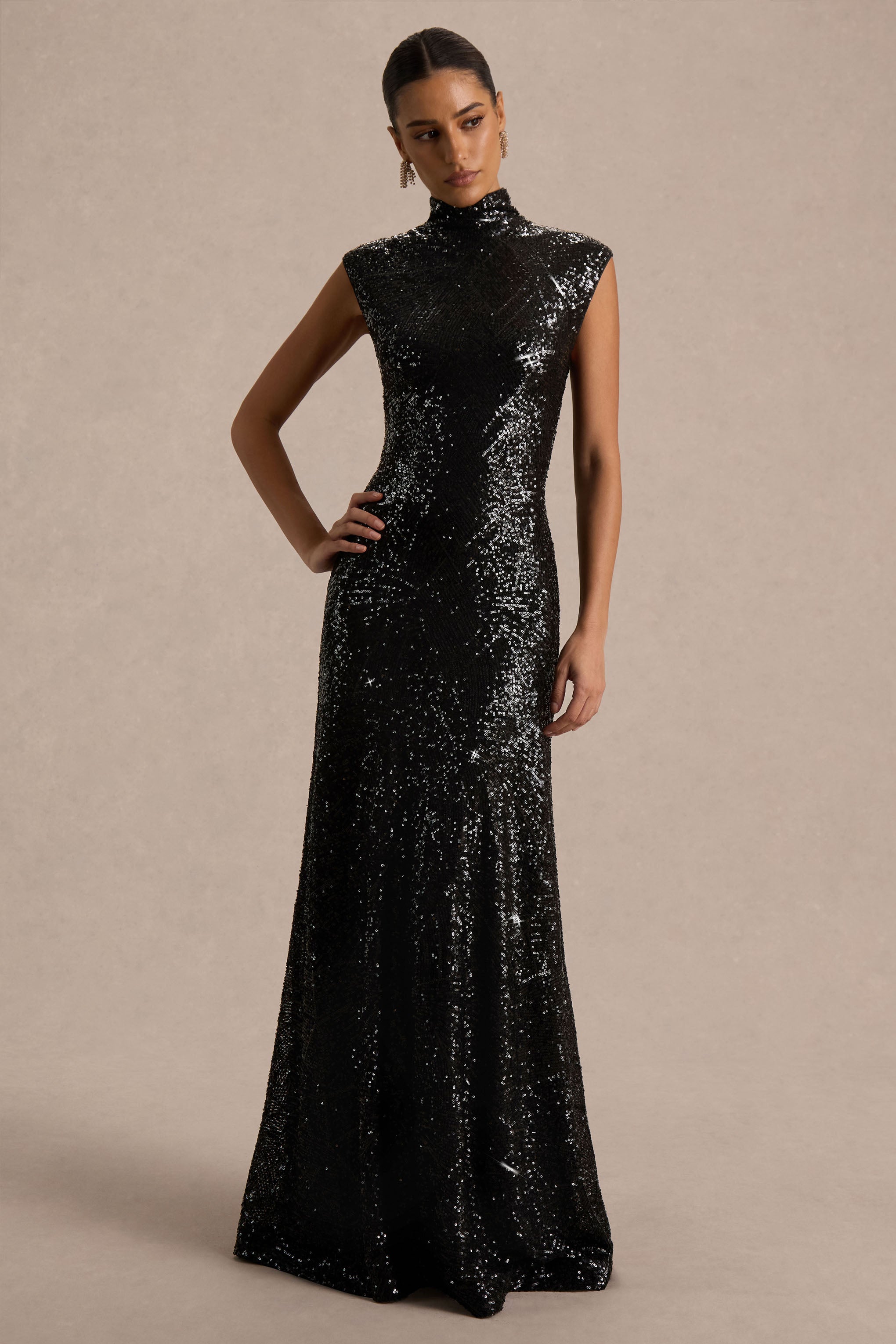 Cecy | Black Sequin High-Neck Maxi Dress With Cap Sleeves