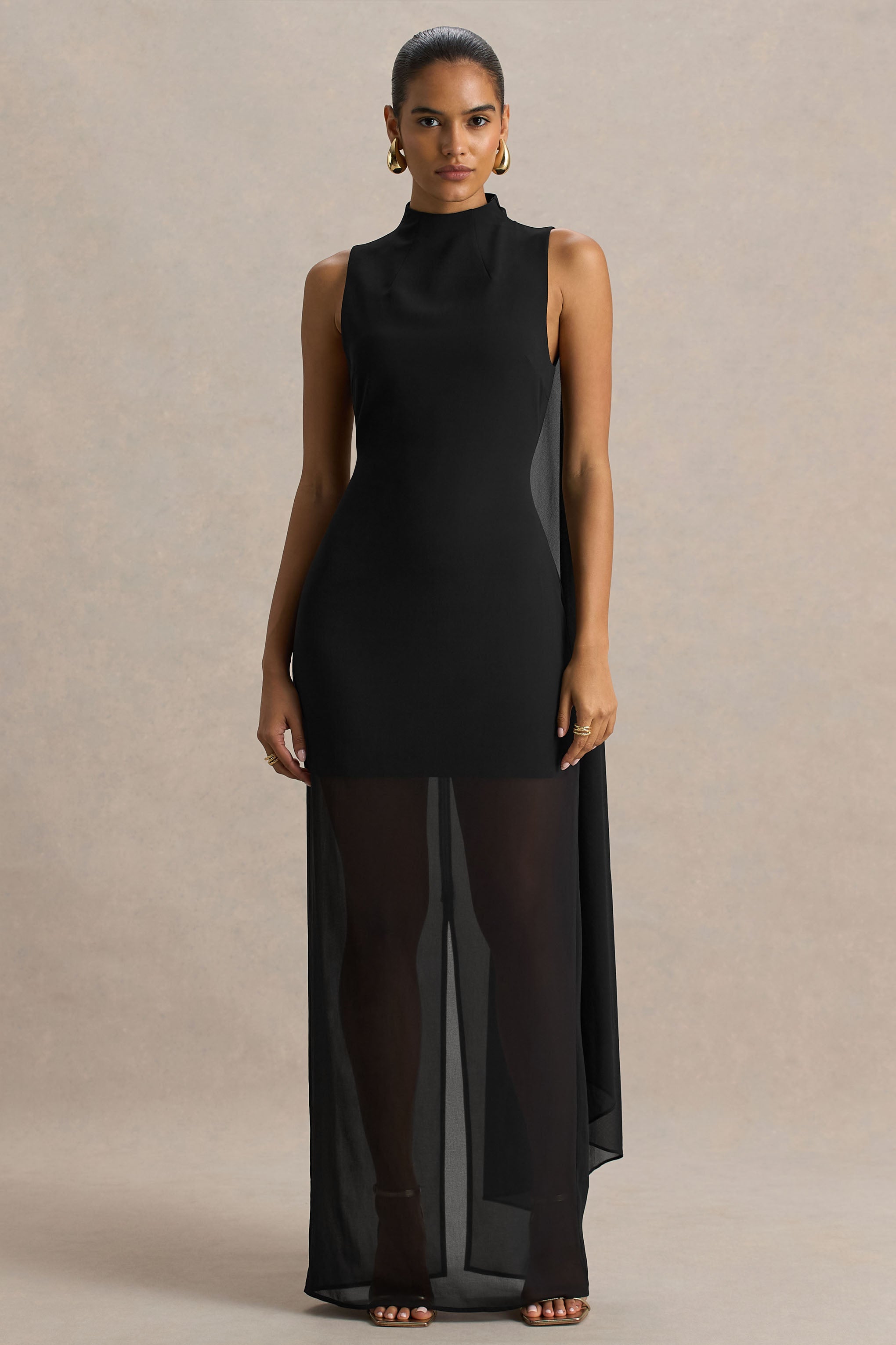 Unpredictable | Black High-Neck Maxi Dress With Back Cape Detail