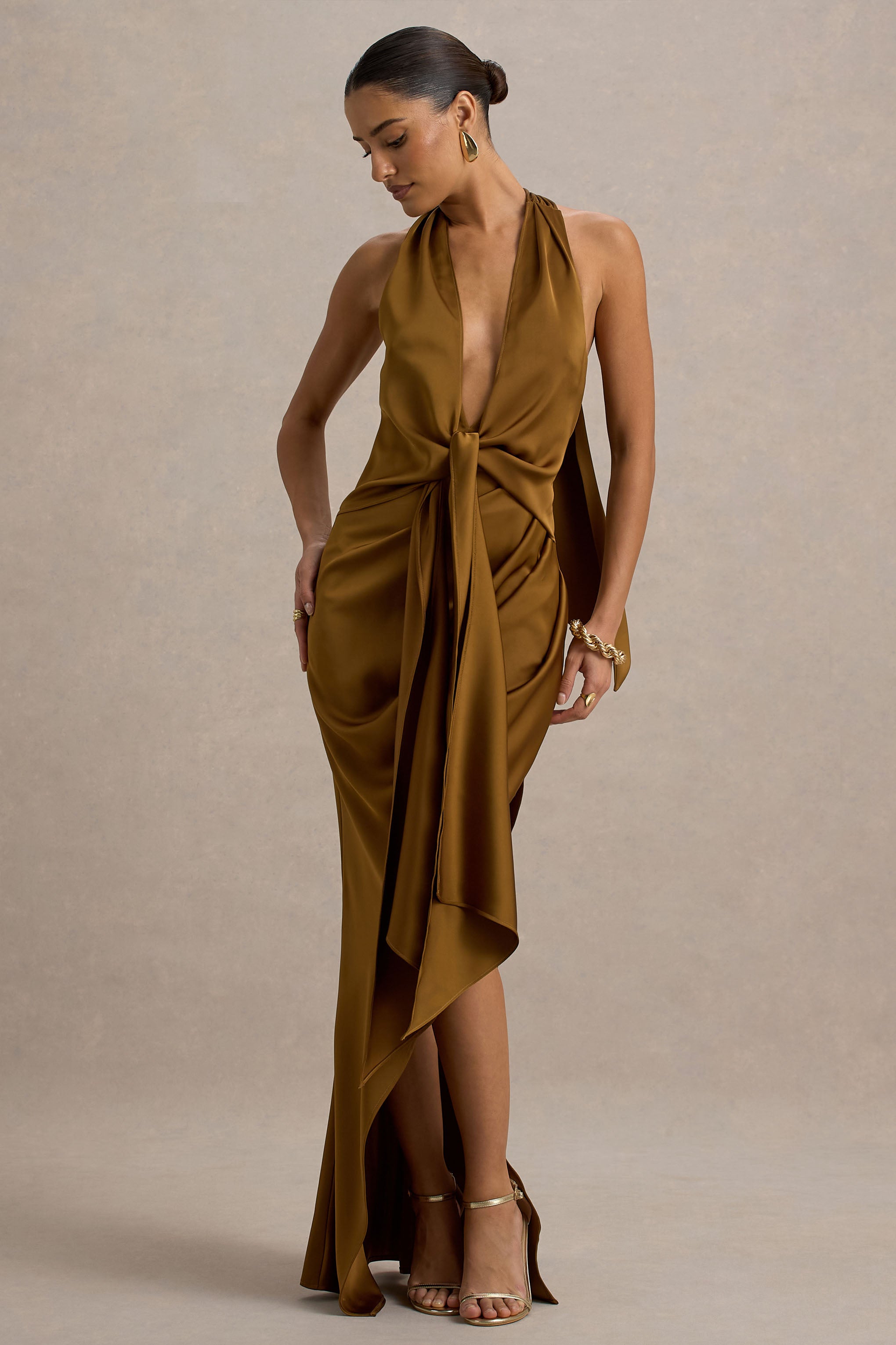 Lynette | Olive Satin Plunge-Neck Maxi Dress With Asymmetric Hem