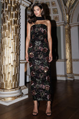 Cora | Winter Floral Embellished Mesh Bandeau Maxi Dress With Scarf