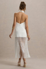 Fiametta | Ecru Linen Halter-Neck Fringe Maxi Dress