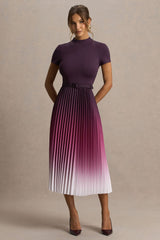 Libby | Burgundy Ombre Woven High-Neck Midi Dress With Pleated Detailing