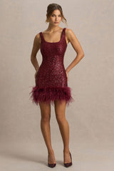 Rosalinda | Burgundy Sequin Square-Neck Mini Dress With Feather Trim