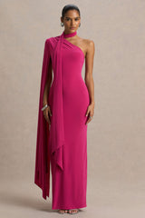 Amal | Hot Pink Asymmetric-Neck Maxi Dress With Scarf and Cape Detail