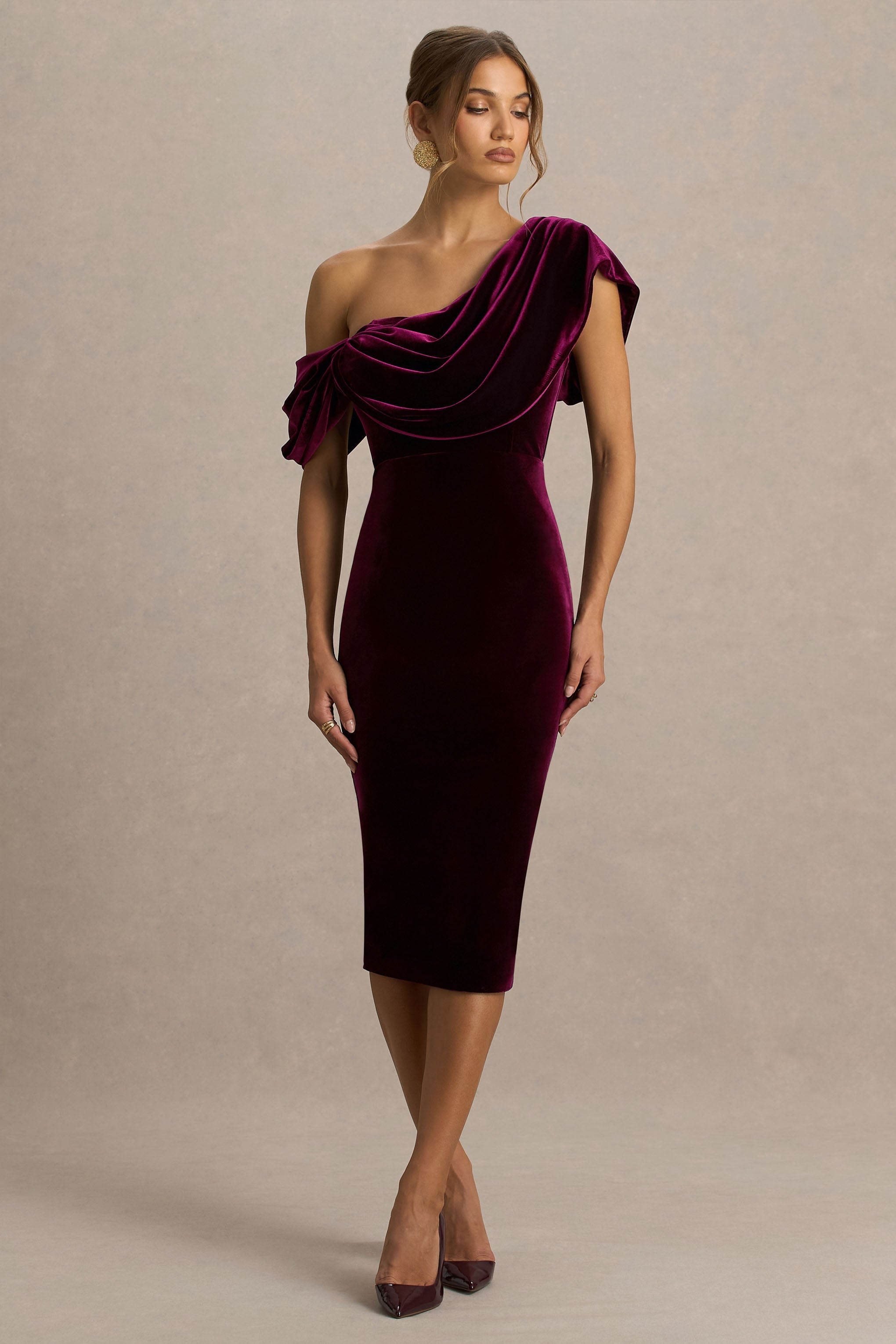 High End | Burgundy Velvet Asymmetric-Neck Midi Dress With Draped Detailing