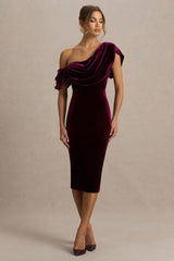 High End | Burgundy Velvet Asymmetric-Neck Midi Dress With Draped Detailing