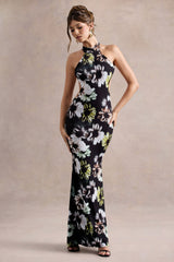 Tuscany | Black Floral Print Halter-Neck Split Maxi Dress