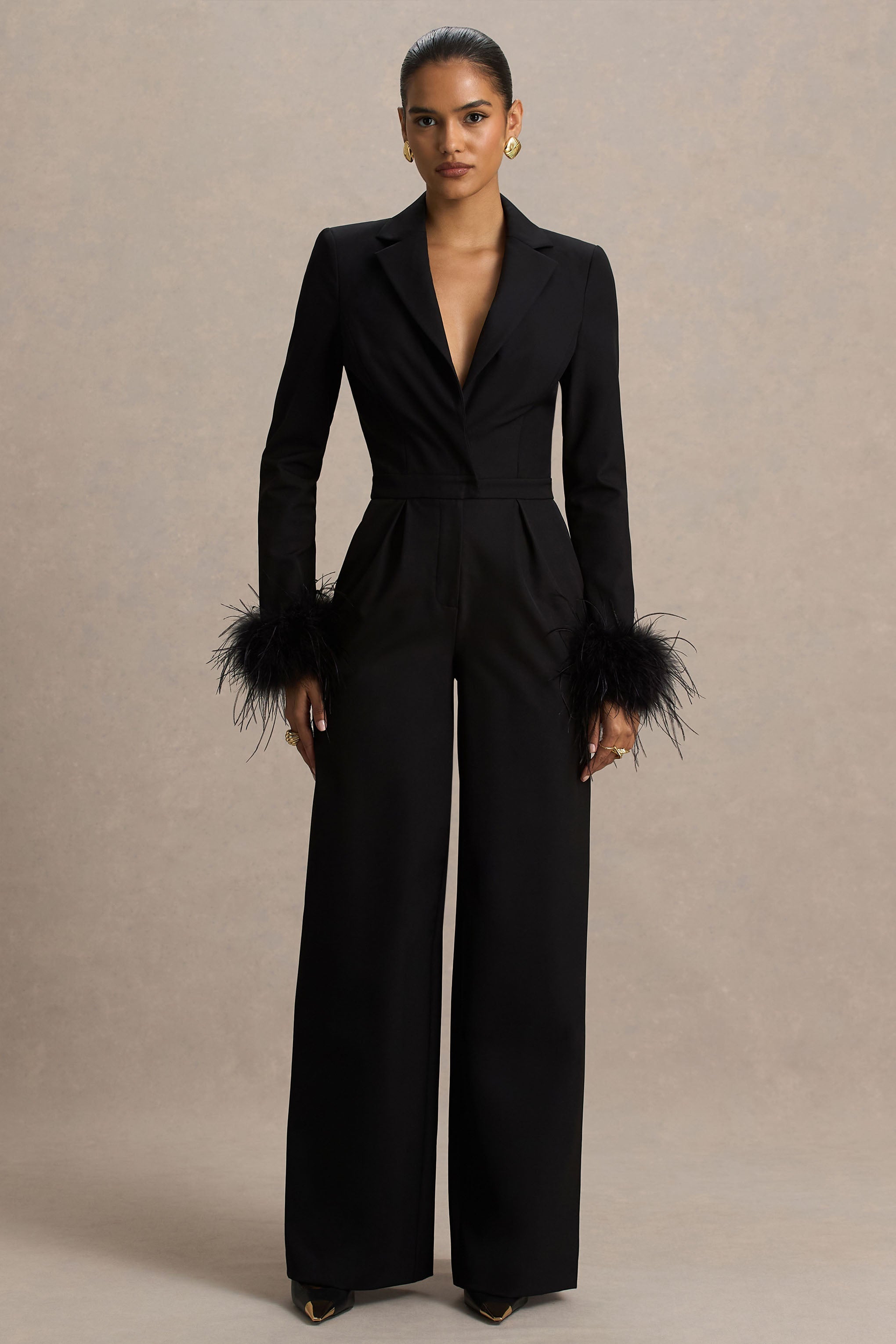 Lissy | Black Plunge-Neck Jumpsuit With Feather-Detailed Sleeves