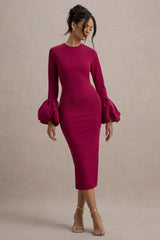 Celie | Mulberry Long-Sleeve Midi Dress With Puff Cuffs