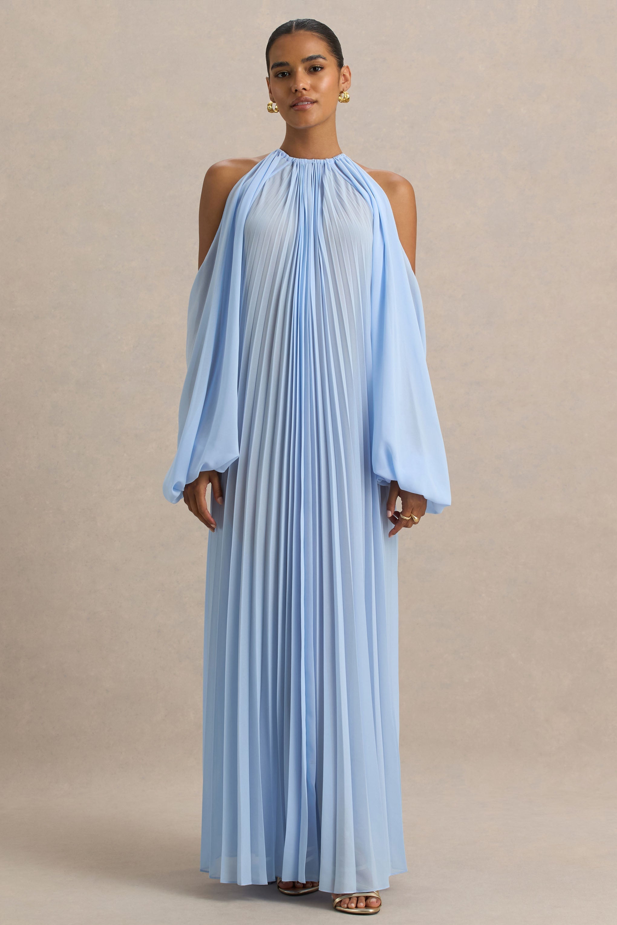 Reyna | Powder Blue Pleated Chiffon Cold-Shoulder Maxi Dress