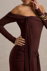 Jovie | Brown Bardot Wrap Maxi Dress With Sash Detail