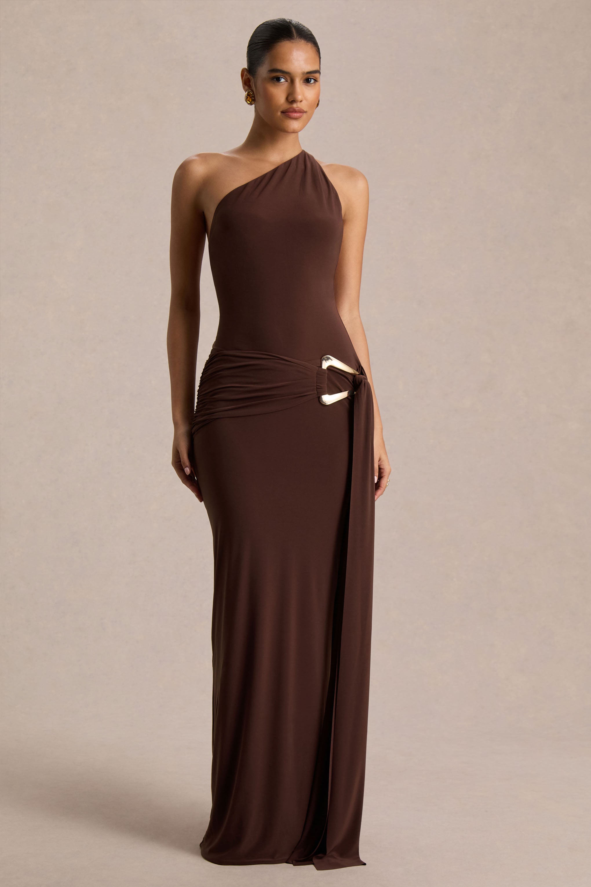 Bonnie | Brown Asymmetric-Neck Maxi Dress With Open-Back