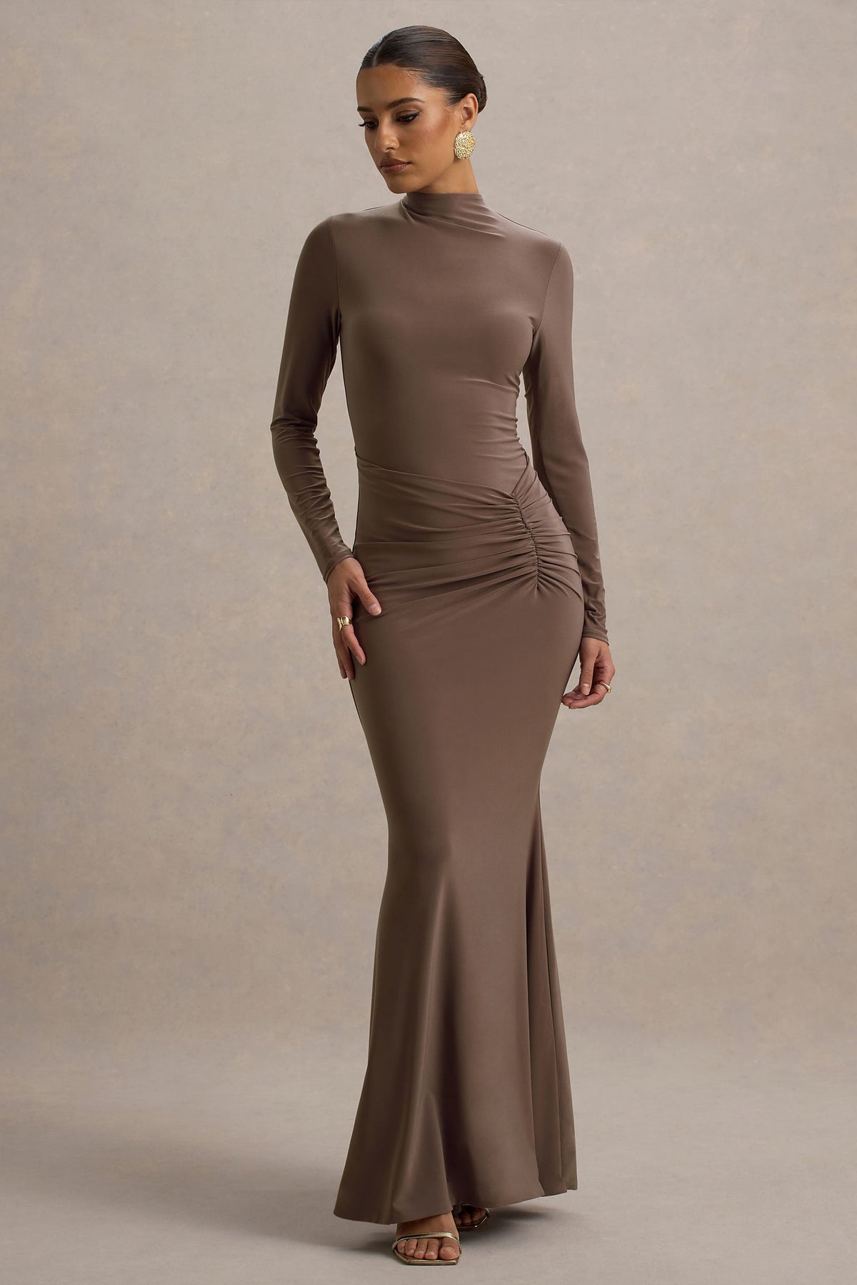 Reid | Brown Long-Sleeve Gathered Maxi Dress