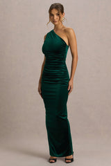 Treat | Bottle Green Velvet Asymmetric-Neck Maxi Dress With Ruched Detailing