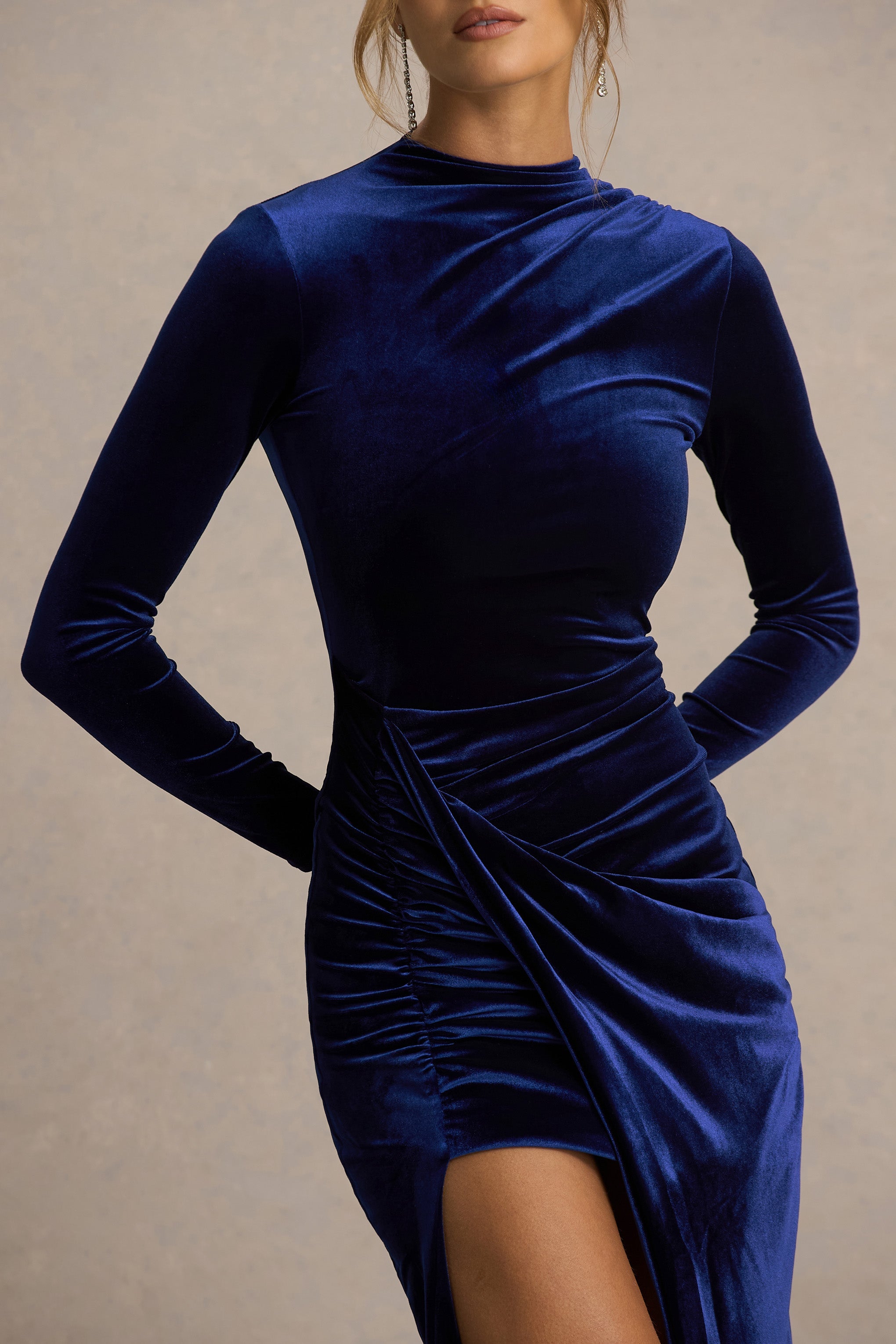 Wishes | Navy Velvet High-Neck Maxi Dress With Wrap Skirt