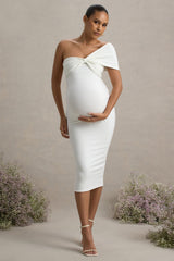 Admired | White Ruched One-Shoulder Maternity Midi Dress