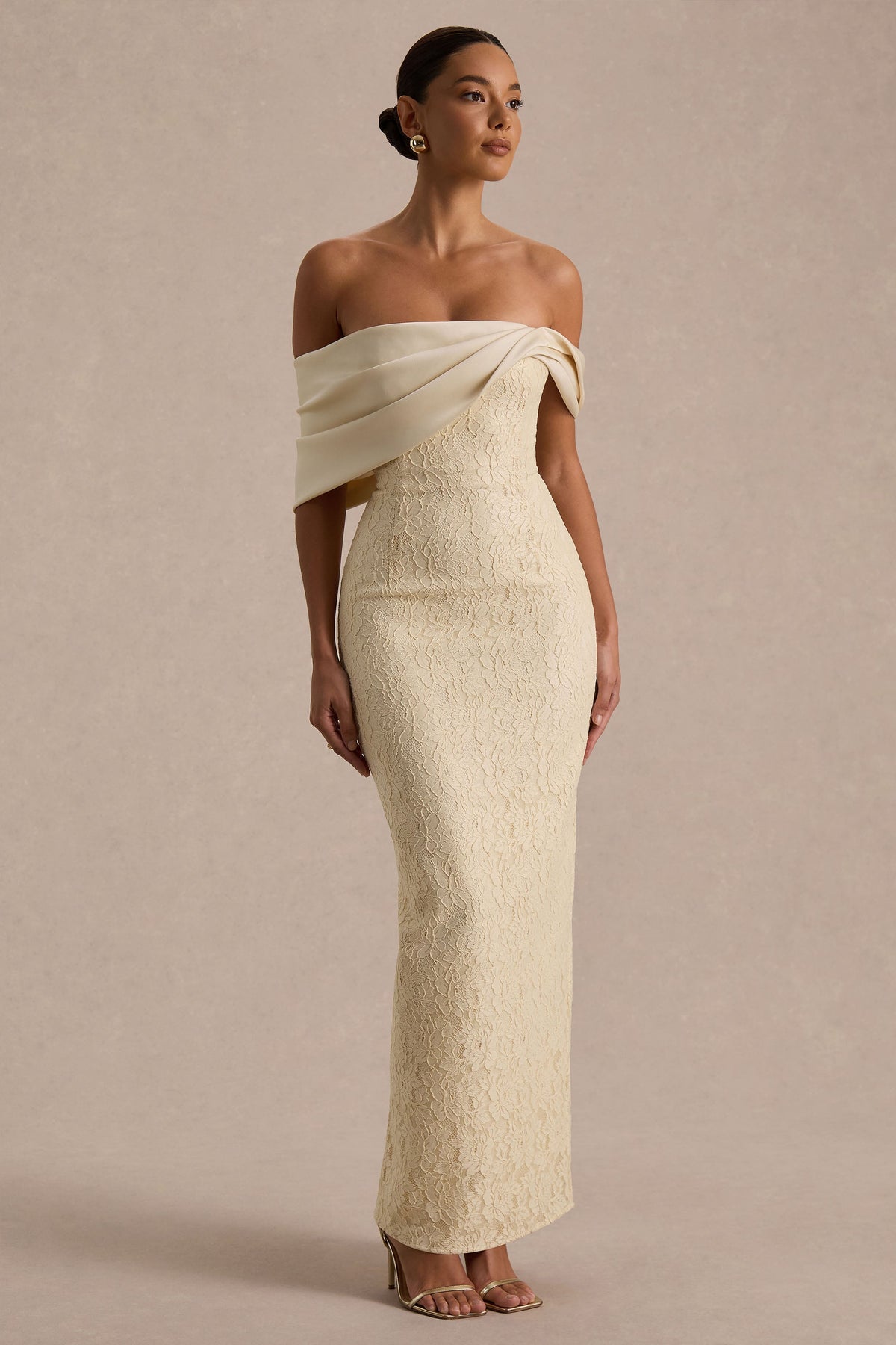 Solora | Cream Lace Twisted Bardot-Neck Maxi Dress