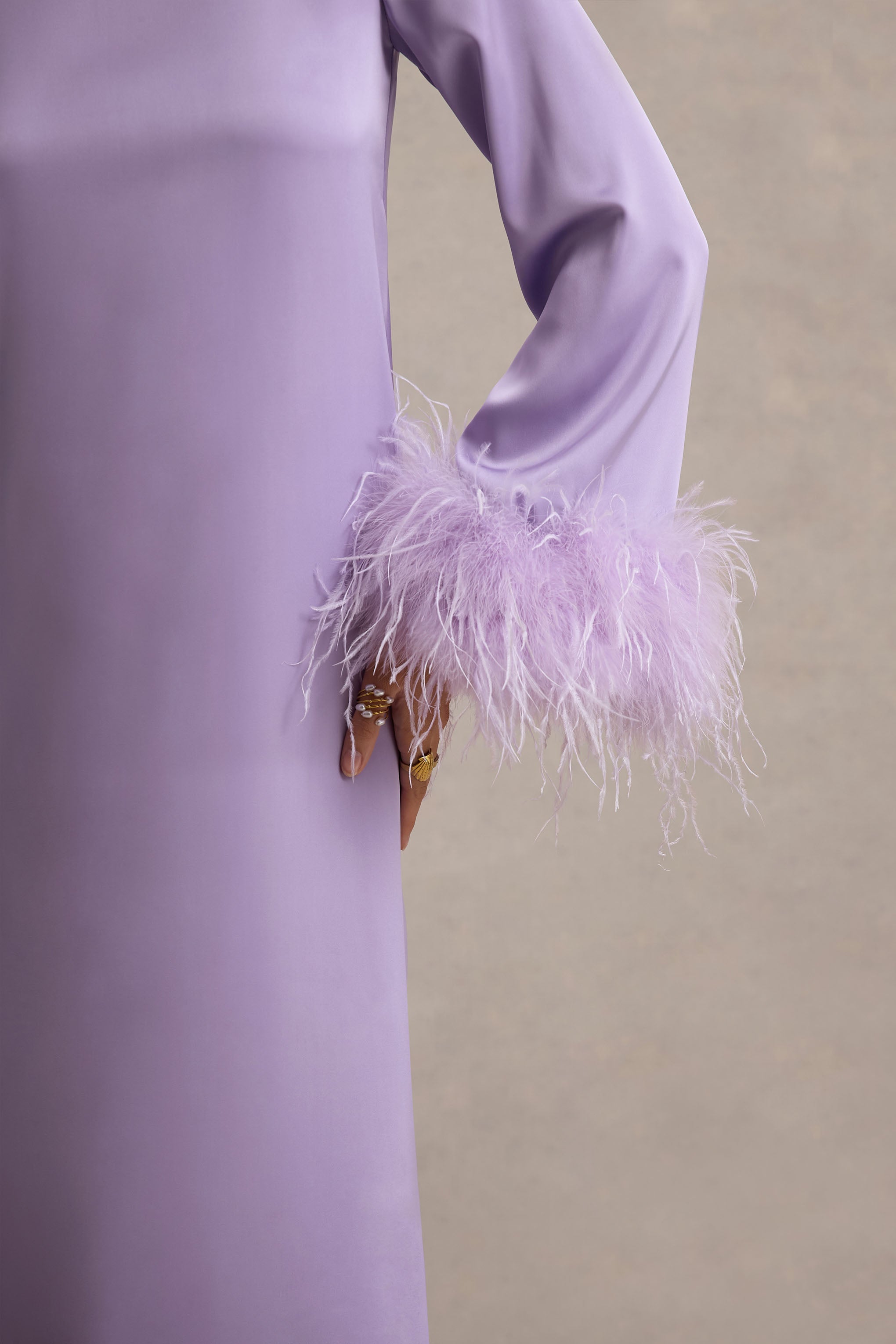 Adella | Lilac Satin Feather-Trim Maxi Dress