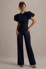 Dillon | Navy Puff-Sleeve Straight-Leg Jumpsuit